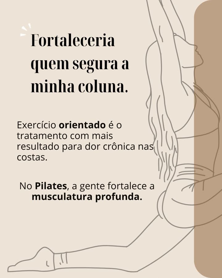 Arte do carrossel da Soliê Pilates com o texto: Fortaleceria quem segura a minha coluna. Exercício orientado é o tratamento com mais resultado para dor crônica nas costas. No Pilates, a gente fortalece a musculatura profunda